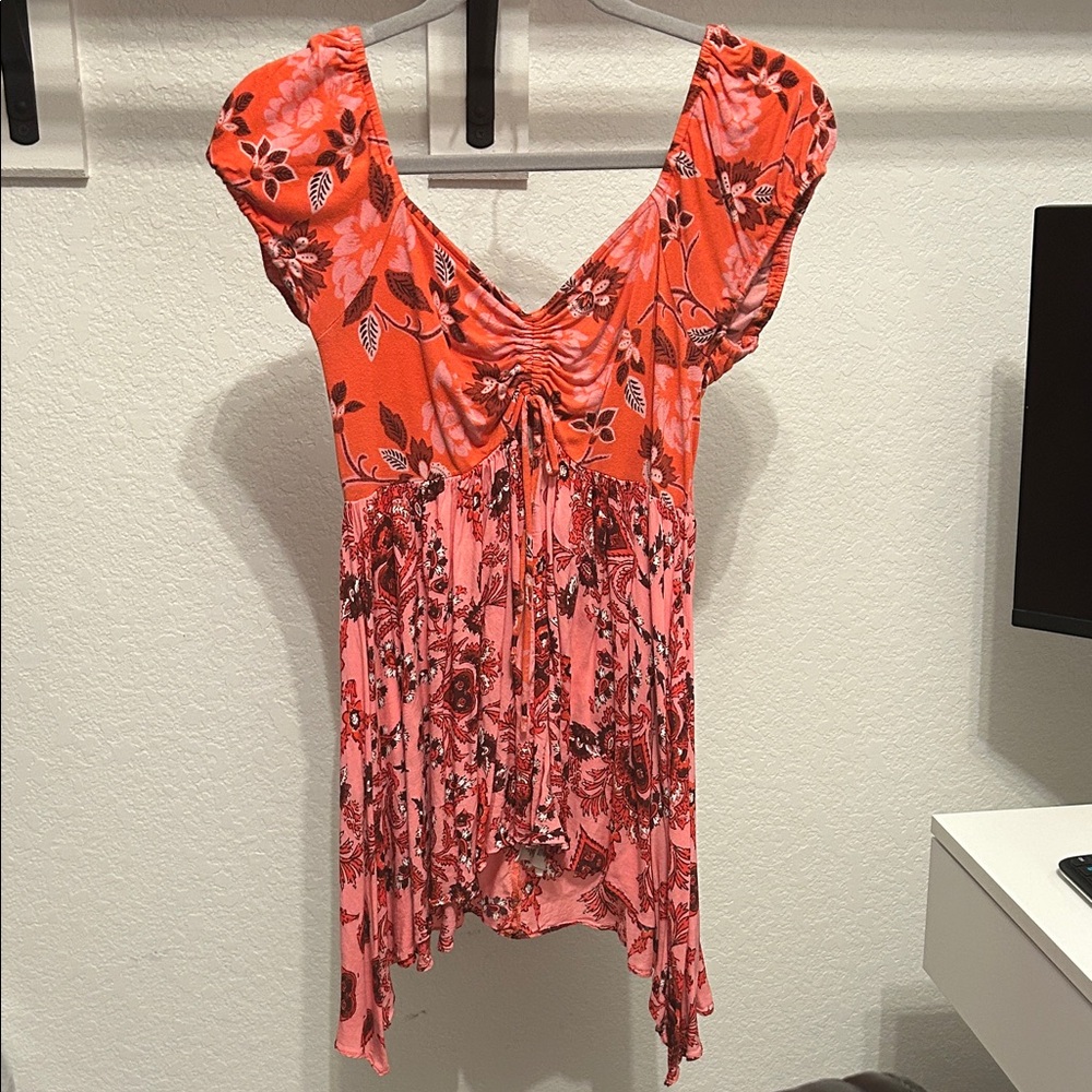 Free People Red and Pink Floral Tunic
